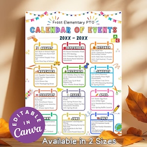 PTA Calendar of Events Flyer Editable PTO Monthly Events Template for School Newsletter Flyers Printable Yearly Calendar School Event Poster