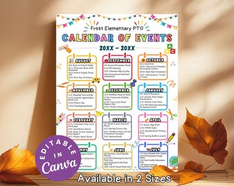 PTA Calendar of Events Flyer Editable PTO Monthly Events Template for School Newsletter Flyers Printable Yearly Calendar School Event Poster