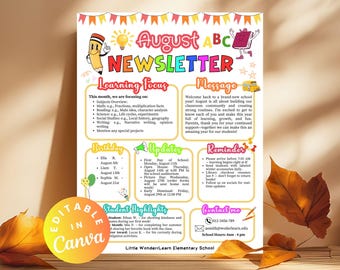 August Classroom Monthly Newsletter Weekly School Update August Calendar Parent Communication Back to School Welcome Letter Announcement PTO