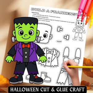 Op de afbeelding: Een printbaar activiteitenblad getiteld BUILD A FRANKENSTEIN met een kleurrijke cartoon Frankenstein-monster en zwart-witte omtrekdelen om uit te knippen en te plakken, inclusief hoofd, romp, armen, benen en schoenen, met een set gekleurde stiften.