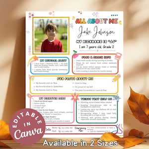 Op de afbeelding: Een kleurrijke, bewerkbare Canva-sjabloon met de titel "All About Me" voor een kind genaamd Jake Johnson. De sjabloon bevat een foto, medische waarschuwing, leuke weetjes en informatie over diabeteszorg. Verkrijgbaar in twee maten.