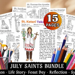 May include: A collection of 15 pages featuring illustrations and information about various saints, including St. Kateri Tekakwitha. The pages include life stories, feast days, and symbols. Colored pencils and a pencil holder are in the foreground. The text reads "JULY SAINTS BUNDLE".