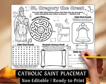 St. Gregory the Great Activity Placemat Kids Catholic Saint Coloring Page September Feast Bible Craft Christian Worksheet Printable Mat PDF