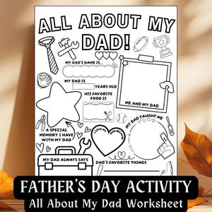 Könnte beinhalten: Schwarz-weiß Arbeitsblatt zur Vatertagsaktivität mit dem Titel "All About My Dad!" mit auszufüllenden Abschnitten für persönliche Details, Zeichnungen und Lieblingsdinge. Enthält Illustrationen von Werkzeugen, einer Krawatte, einem Football und einer Trophäe.