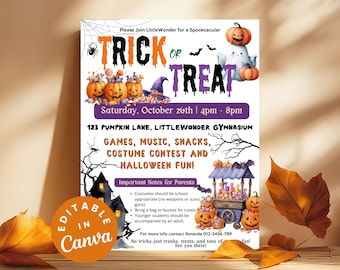May include: Halloween-themed flyer with the words "Trick or Treat" in orange and purple. The flyer includes pumpkins, bats, and a ghost. It also has event details: Saturday, October 26th, 4pm - 8pm, and the location.