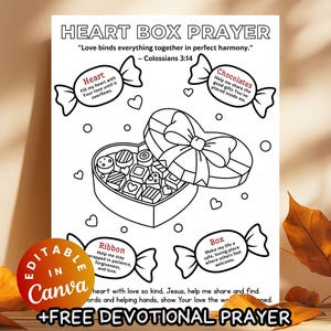 May include: Black and white line art of a heart-shaped box of chocolates with a bow, surrounded by candy-shaped labels with text. The text includes "Heart Box Prayer" and "+FREE DEVOTIONAL PRAYER".