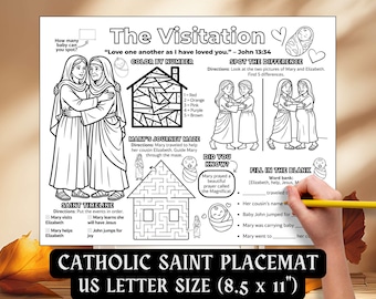 The Visitation Activity Placemat, Mary & Elizabeth Kids Coloring Pages, Catholic Saint May Feast Crafts, Sunday School Saints Worksheet PDF