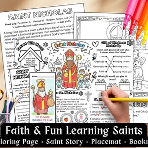 Pode incluir: Um conjunto de materiais educativos com o tema São Nicolau, incluindo páginas para colorir, uma história, um placemat e um marcador. As páginas apresentam ilustrações de São Nicolau, atividades e o texto "Faith & Fun Learning Saints". Marcadores coloridos são visíveis.