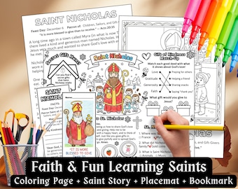 Saint Nicholas Day Activity Placemat Kids Catholic Saint Bookmark St. Nicholas Prayer Faith Formation Lesson Santa Coloring CCD Advent Feast
