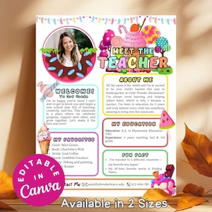 Puede incluir: Plantilla de Canva editable y colorida para una presentación de profesor. El diseño presenta una foto, el texto "Meet the Teacher" y secciones para favoritos, educación y datos curiosos. Decorado con caramelos.