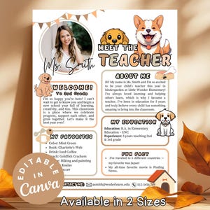 Puede incluir: Un póster de presentación del profesor con el texto "Meet the Teacher" y "Welcome! To 3rd Grade." El diseño incluye ilustraciones de perros, una foto del profesor y una sección titulada "My Favorites."