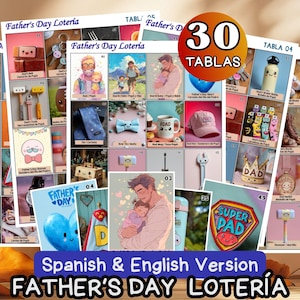 May include: A collection of Father's Day Lotería cards in Spanish and English. The cards feature illustrations of gifts and activities, with the text "30 Tablas" in a circle. The words "Father's Day Lotería" are displayed.