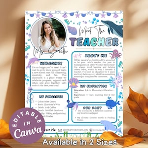 May include: A colorful teacher introduction poster with a photo of Ms. Smith, featuring a welcome message, favorite things, and fun facts. The design includes sea creatures and is available in two sizes.
