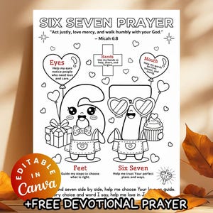 May include: Black and white printable art titled "Six Seven Prayer" with cartoon numbers, hearts, and text. The image includes the text "Act justly, love mercy, and walk humbly with your God." and "+FREE DEVOTIONAL PRAYER".