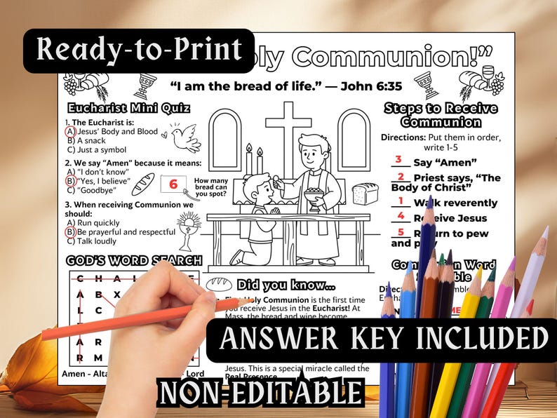 First Holy Communion Activity Placemat Kids Catholic School Coloring ...