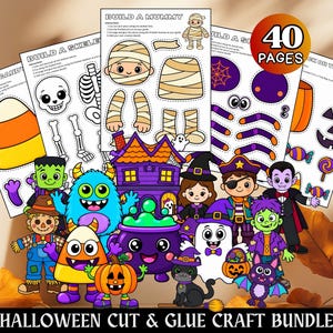 Op de afbeelding: Een 40-pagina tellend Halloween knutselpakket om te knippen en plakken, met printbare activiteitenbladen en instructies voor het maken van een mummie, skelet en snoepje. Bevat kleurrijke illustraties van een heks, vampier en pompoen.