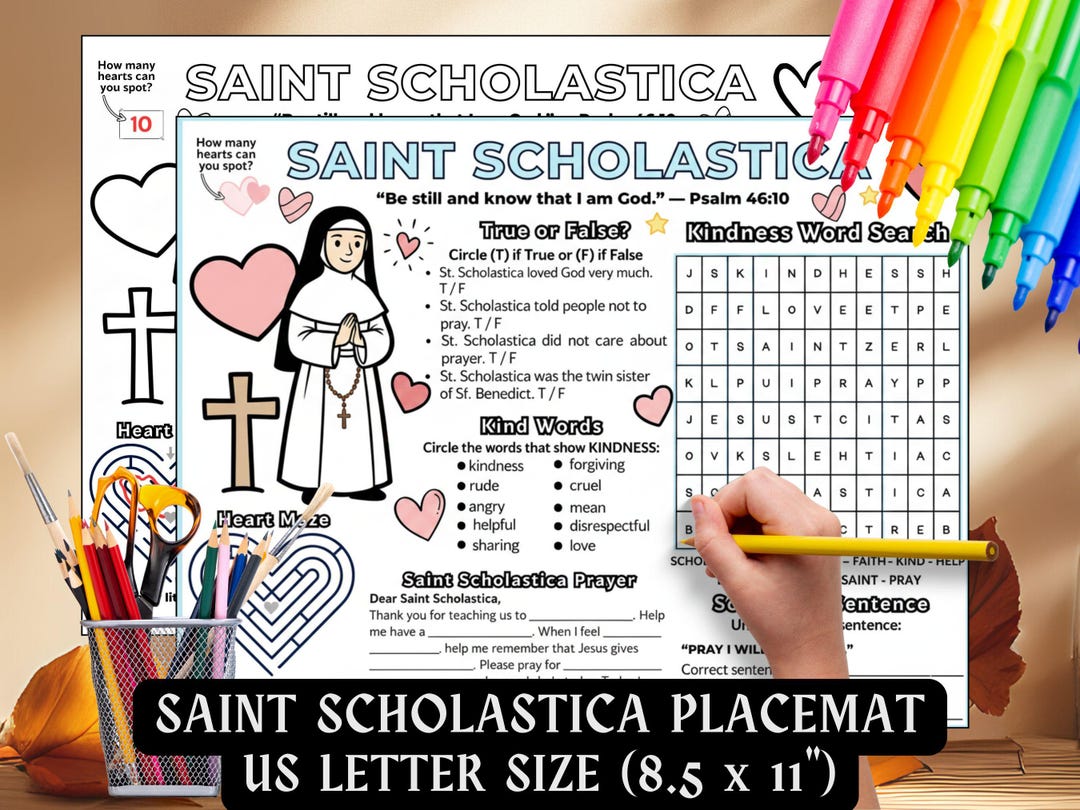 Saint Scholastica Activity Placemat Kids Catholic School Worksheet St ...