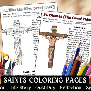 Może przedstawiać: Kolorowanki przedstawiające św. Dyzmę, Dobrego Łotra, z tekstem opisującym jego historię, dzień święta i symbole. Obraz zawiera krzyż, więźnia i naszyjnik z krzyżem. W obrazie znajduje się pojemnik na ołówki z kredkami i nożyczkami.