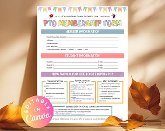 PTA Membership Form Template School PTO PTA Membership Sign up Sheet Editable Volunteer Sign-Up Form Registration Volunteer Recruitment Form