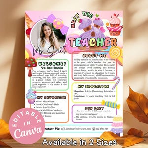 Puede incluir: Plantilla de Canva editable para un profesor, con foto, mensaje de bienvenida y cosas favoritas. El diseño incluye ilustraciones de caramelos y cupcakes, con el texto "Meet the Teacher".