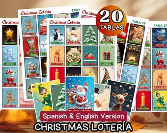 May include: A set of Christmas Lotería cards with festive illustrations of Santa Claus, reindeer, snowmen, and other holiday symbols. The set includes 20 tablas, with text in both Spanish and English.