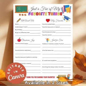 Teacher Favorite Things Printable Questionnaire for Back to School Teacher Survey First Day of School Appreciation Gift Welcome Teacher Gift