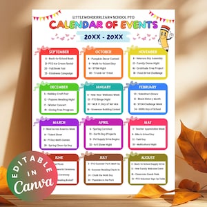 PTO Calendar of Events School Calendar Flyer, PTA School Event Schedule Monthly Calendar, Printable Event Calendar Yearly Planner Highlights