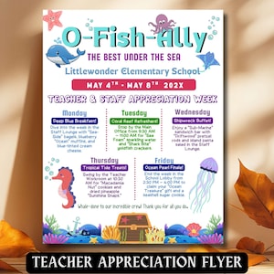 Op de afbeelding: Een kleurrijke flyer voor de Teacher & Staff Appreciation Week op Littlewonder Elementary School, met als thema "O-Fish-Ally: The Best Under the Sea". Met dagelijkse thema-traktaties en activiteiten van 4 tot en met 8 mei 202X.