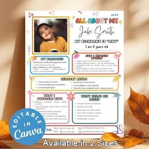 Autismus Alles über mich druckbar für besondere Bedürfnisse ADHS, bearbeitbare Kinderinfo-Vorlage, Schulanfang, Lehrerressource, ASD Alles über mich Blatt