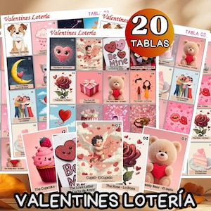 May include: A collection of Valentine's Lotería cards, featuring illustrations of hearts, teddy bears, roses, and cupcakes. The cards are in pink and red hues, with the text "20 Tablas" and "Valentines Lotería".