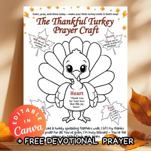 May include: A printable Thanksgiving-themed coloring page featuring a cartoon turkey with labeled body parts for prayer. Includes text: "The Thankful Turkey Prayer Craft" and "Editable in Canva". The image is surrounded by fall leaves.