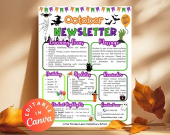 October Monthly News Halloween Classroom Newsletter Weekly Teacher Welcome Letter Parent Communication Holiday Party Announcement Flyer PTA