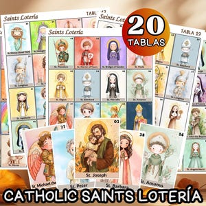 Op de afbeelding: Een verzameling kaarten in aquarel-stijl met illustraties van katholieke heiligen. De kaarten zijn gelabeld met de namen van de heiligen en nummers. De afbeelding bevat ook de tekst "20 Tablas" en "Catholic Saints Lotería".