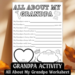Op de afbeelding: Een zwart-wit "All About My Grandpa" werkblad. De titel en illustraties van een stropdas en een trofee staan bovenaan. Het werkblad bevat invulopdrachten over de naam, baan, favoriete dingen van opa en meer. De onderkant van de pagina bevat de woorden "Grandpa Activity" en "All About My Grandpa Worksheet".