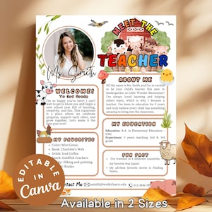 May include: A colorful teacher meet and greet poster with the text "Meet the Teacher" and "Welcome!" A photo of the teacher is included, along with fun facts, favorite things, and contact information. Available in two sizes.