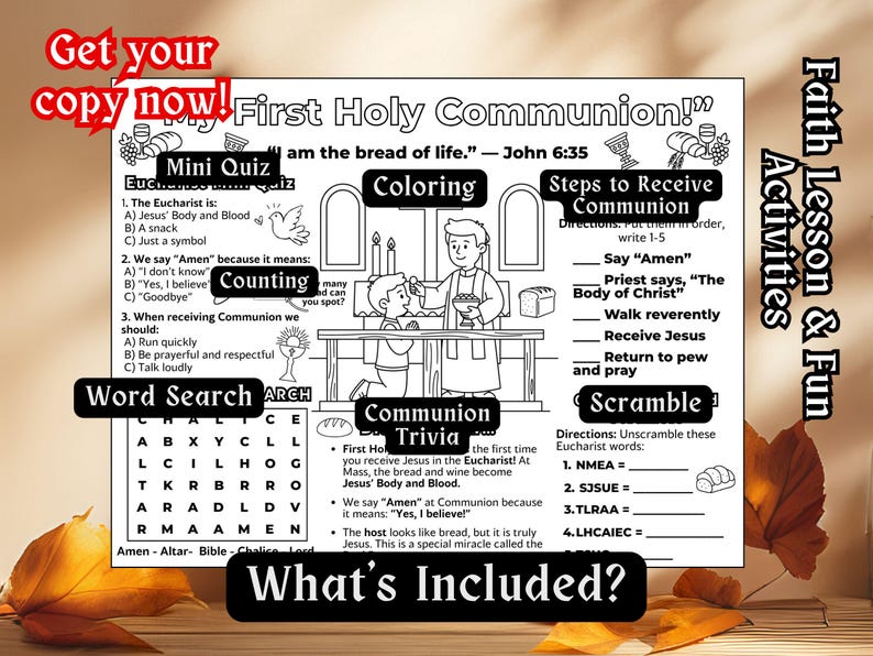 First Holy Communion Activity Placemat Kids Catholic School Coloring ...