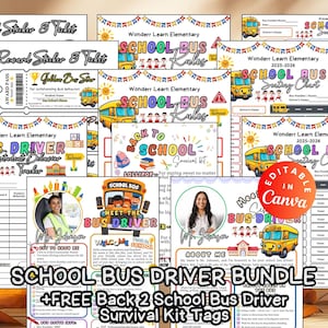 May include: A collection of printable school bus driver resources, including reward tickets, student behavior trackers, seating charts, and a survival kit. The designs feature school buses, children, and the text "School Bus Driver Bundle."