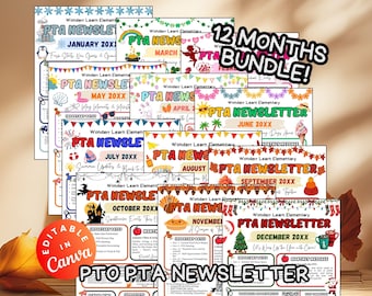 12-monatiges PTO PTA Newsletter Bundle Bearbeitbar Klassenzimmer Kommunikation Monatliches Schul Update Canva Vorlage Eltern Lehrer Engagement Printable