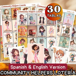 May include: A set of 30 Community Helpers Lotería cards in Spanish and English. Each card features a cartoon illustration of a community helper, such as a doctor, firefighter, or baker. The cards are colorful and designed for educational purposes.