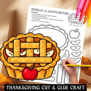 Manualidad para niños: Construye una tarta de manzana. Hoja de actividades de recortar y pegar para el Día de Acción de Gracias. Tema de otoño: Rebanada de tarta de cosecha. Hoja de trabajo de manualidades de otoño DIY en PDF.
