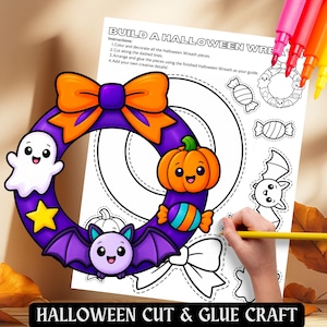 May include: A Halloween wreath craft activity sheet featuring a colorful, finished wreath with a purple ring, orange bow, ghost, pumpkin, bat, and candy. The page includes instructions and black and white outlines of wreath components to cut and glue.