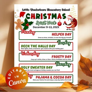 Christmas Spirit Week Itinerary Elementary Dress Up Days Schedule Fun Holiday Activities School Event Planner Editable 12 Days of Christmas