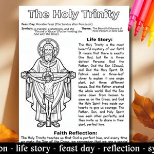 May include: Black and white illustration of the Holy Trinity with text. The image includes a depiction of God the Father holding Jesus on the cross, with a dove above. Text describes the feast day, symbols, and life story.