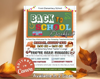 Back to School Teacher and Staff Breakfast Flyer, Editable Invitation for School Events, Staff Appreciation, PTO Template First Day Treats