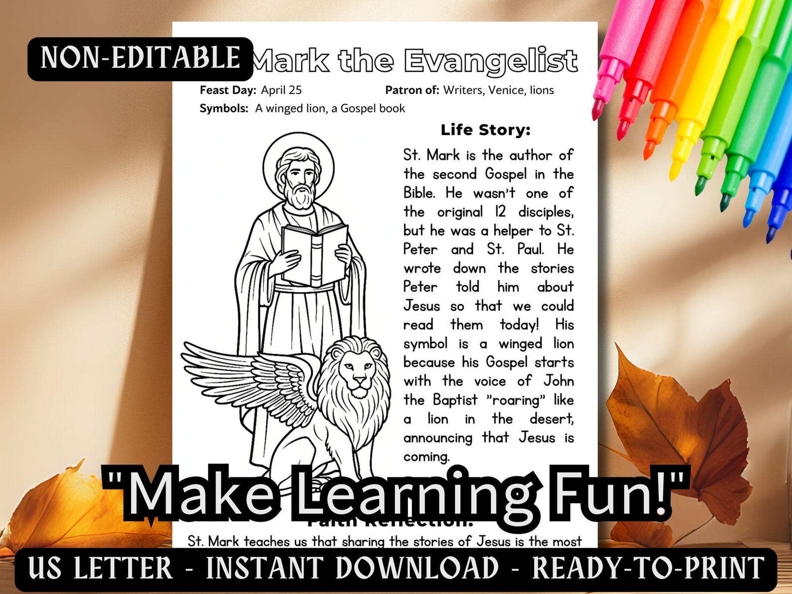 Saint Mark the Evangelist Coloring Page Catholic Kids Saint Activity ...
