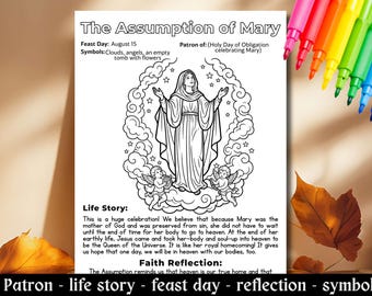 Assumption of Mary Coloring Pages Kids Catholic Saint Activity Worksheet August Saint Feast Day Sunday School Craft Christian Printable PDF