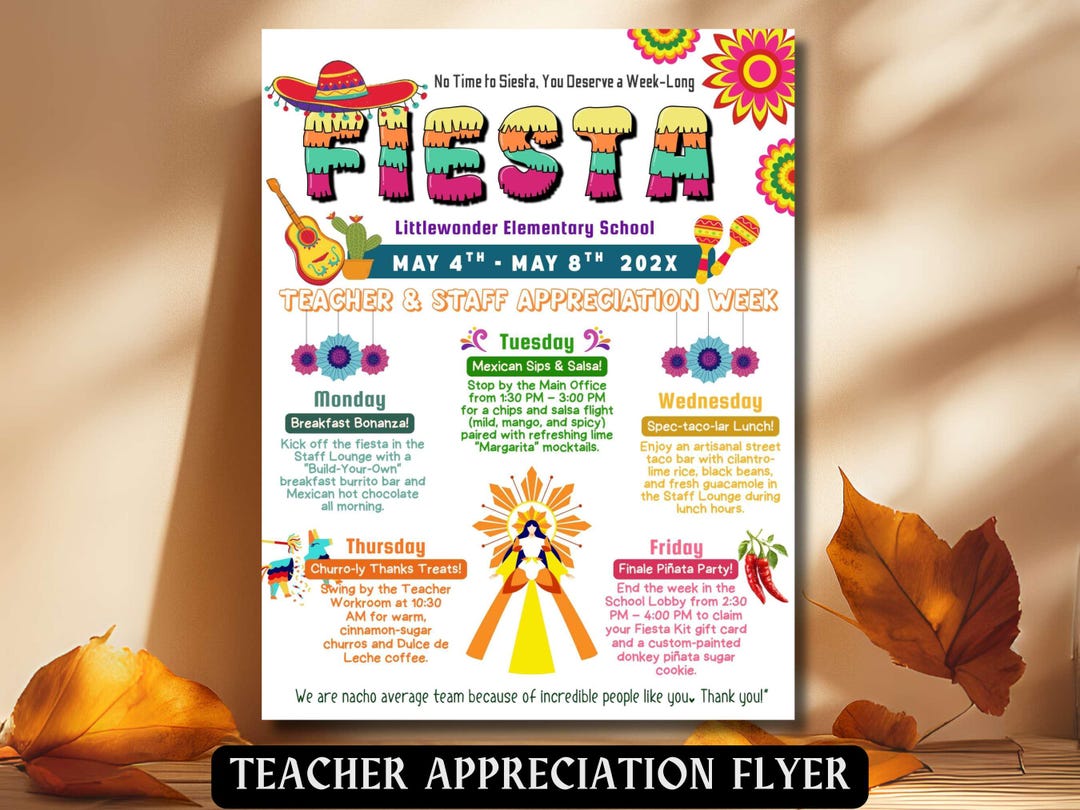 Fiesta Theme Teacher Appreciation Week Mexican Itinerary Flyer Editable ...