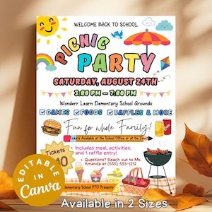 PTO School Picnic Party Flyer, Editable Back to School Fundraisers, Teacher Appreciation Week Invites Community Events, Family Picnic Flyers