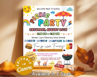 May include: A white flyer for a Welcome Back to School Picnic Party on Saturday, August 24th from 3:00 PM to 7:00 PM at Wonderr Learn Elementary School Grounds. Features colorful graphics of a sun, umbrella, burger, grill, and picnic basket.
