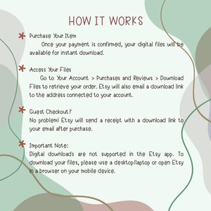 Peut inclure: Un guide intitul&eacute; &laquo;&nbsp;COMMENT &Ccedil;A MARCHE&nbsp;&raquo; expliquant comment acheter et t&eacute;l&eacute;charger des fichiers num&eacute;riques sur Etsy. Le texte est noir sur fond cr&egrave;me, avec des formes d&eacute;coratives vertes et marron. Des instructions sont fournies.